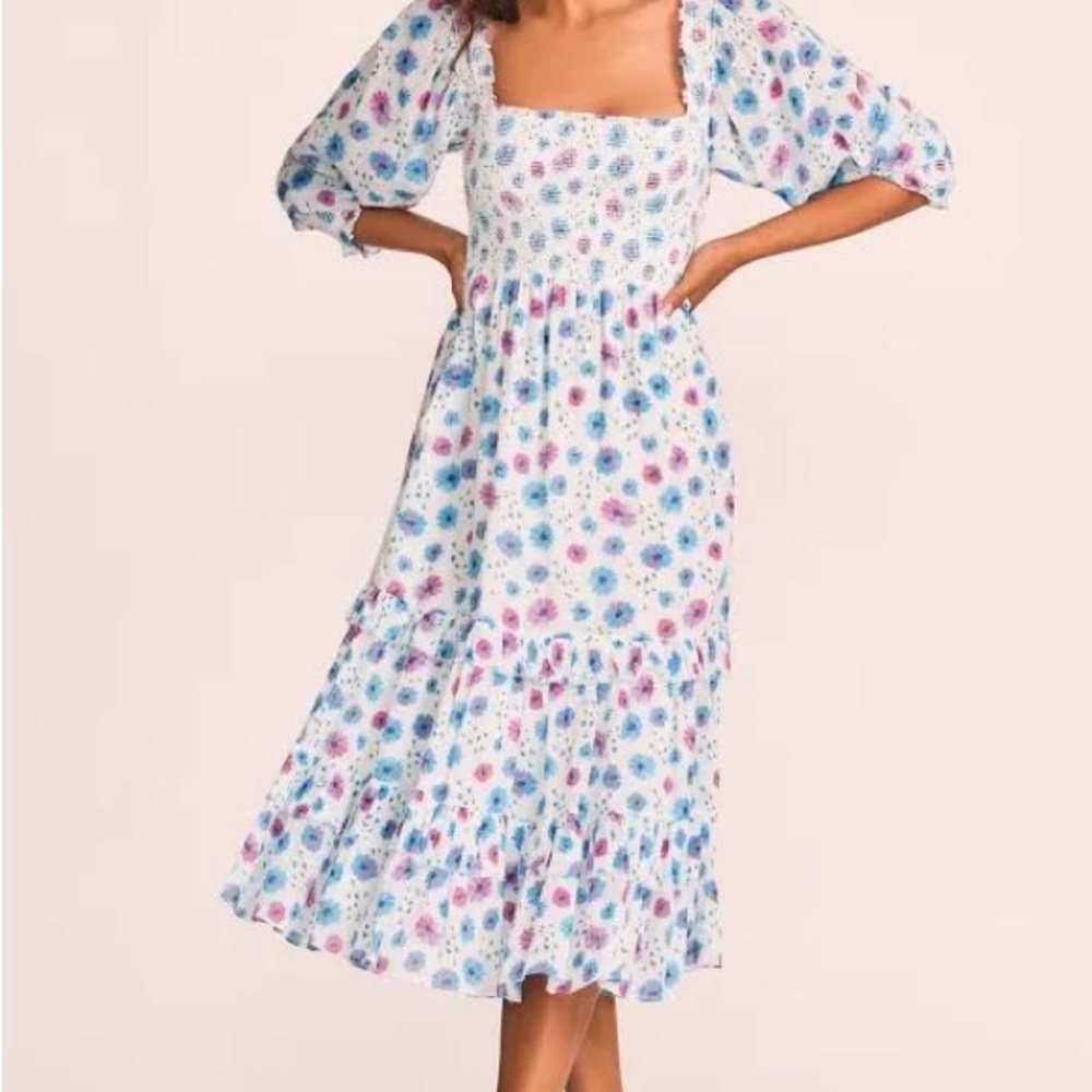 LoveShackFancy Blue and Pink Floral Long Sleeve Dress